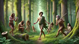 El joven Dionisio deambula por un frondoso bosque junto a sátiros y ninfas, danzando con alegría.