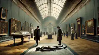 Robert Langdon y Sophie Neveu descubren el cuerpo de Jacques Saunière en el Louvre, posicionado como el Hombre de Vitruvio.