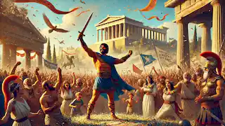 Teseo regresa a Atenas, recibido por multitudes aclamando, con banderas ondeando y flores lanzadas en celebración de su victoria.