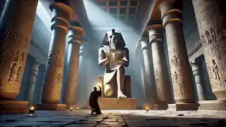 Amenu colocando el escarabajo radiante en las manos de la enorme estatua de Khepri dentro del grandioso Templo de Heliópolis.