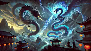 El Dragón Azul pelea contra una serpiente sombría en el cielo sobre una aldea china, mientras los aldeanos, asombrados, observan la escena.