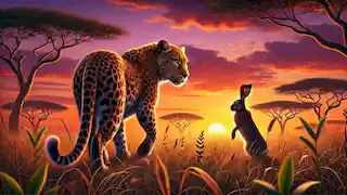 El leopardo se retira a la sabana al atardecer, mientras que la liebre se erige triunfante en una colina.