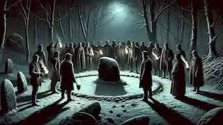 Un grupo de hombres con antorchas se encuentra ante un antiguo círculo de piedras en un bosque oscuro, observando unas extrañas huellas en forma de pezuña.