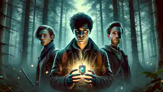 Tres jóvenes magos se encuentran en un bosque brumoso, sosteniendo un relicario brillante, con expresiones de determinación.