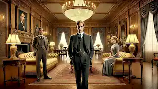 O'Brien da la bienvenida a Winston y Julia en su lujoso apartamento, que cuenta con una decoración elegante y una majestuosa lámpara de araña.