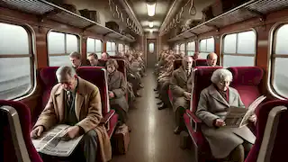 En un vagón de tren abarrotado, los pasajeros parecen estar sumidos en sus pensamientos. Desde la perspectiva de la pareja, la atmósfera es tensa y silenciosa, salpicada de murmullos lejanos y el suave vaivén del tren. Las caras reflejan una variedad de emociones: la ansiedad de los que miran por la ventana, la concentración de los que revisan sus teléfonos, y la indiferencia de aquellos que optan por ignorar su entorno. Alrededor, la pareja se toma un momento para observar, sintiendo la conexión entre ellos mientras el bullicio de la vida cotidiana se desdibuja a su alrededor. En medio del caos, descubren un momento de intimidad, compartiendo sonrisas y pequeños gestos que solo ellos comprenden.