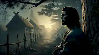 João, ahora humano, se encuentra al borde del bosque al amanecer, mirando solemnemente hacia los árboles en una tranquila reflexión.