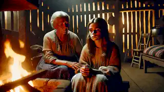 Marisol se sienta junto al fuego con su abuela, compartiendo sus preocupaciones tras conocer a Yacy Yateré.