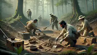 Un equipo arqueológico descubre artefactos de la Colonia Perdida de Roanoke en medio de un bosque cubierto de vegetación.