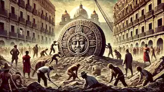 Trabajadores redescubriendo la Piedra del Sol azteca en la plaza de la Ciudad de México, mientras la gente observa con asombro entre la arquitectura de la época colonial.