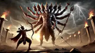 Phra Ram se enfrenta a Tosakanth, el rey demonio de diez cabezas, durante una feroz batalla bajo un cielo tormentoso.