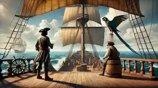 Jim Hawkins se encuentra en la Hispaniola mientras Long John Silver habla con la tripulación durante el viaje a la Isla del Tesoro.