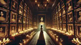 Una cámara tenuemente iluminada con retratos de mujeres colgados en las paredes, mientras la novia mira con asombro una pintura realista.