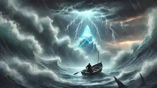 Un pescador desafía un mar tempestuoso en una pequeña embarcación, rodeado de olas y relámpagos, atraído por una brillante concha cristalina.