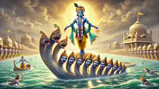 Krishna realiza una danza divina sobre la cabeza de Kaliya, sometiendo a la serpiente mientras las aguas del Yamuna comienzan a aclararse.