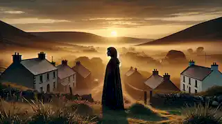 Saoirse O'Connor se encuentra al borde de su pueblo al atardecer, contemplando las colinas cubiertas de neblina en una tranquila reflexión.