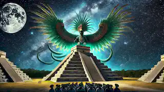 Kukulkán, como una serpiente emplumada, desciende del cielo nocturno sobre el Templo de Kukulkán en Chichen Itzá.