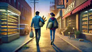 Una pareja se aleja de la panadería al amanecer, llevando pan en las manos, con expresiones cansadas y reflexivas.