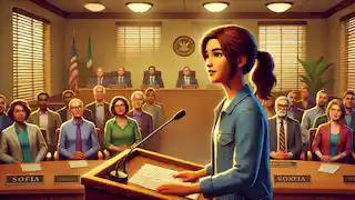 Sofía habla con pasión en el podio del concejo municipal, mientras los miembros del consejo la escuchan atentamente.