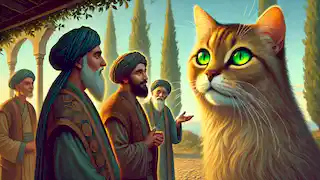 Tres sabios se encuentran ante el místico gato persa, buscando antiguas enseñanzas bajo los árboles de Shahrazad.
