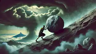 Sísifo se esfuerza por empujar una enorme roca cuesta arriba en una empinada colina del inframundo, bajo nubes oscuras y turbulentas, en un paisaje opresivo.