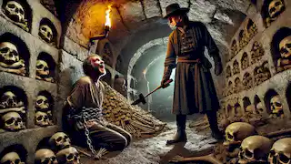Montresor encadena a un atónito Fortunato a la pared de la cripta, con huesos dispersos en el fondo.