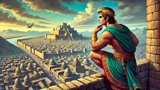Gilgamesh regresando a Uruk, reflexionando sobre su viaje y su legado. La escena muestra a Gilgamesh de pie sobre las grandes murallas de Uruk, contemplando la ciudad con una expresión pensativa.