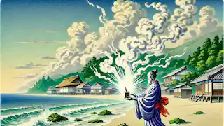 Urashima Taro abre el tamatebako en la orilla, liberando una nube de humo blanco.