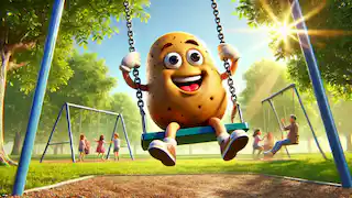 Spud se balancea en un columpio del parque, disfrutando del momento mientras niños y árboles se dibujan en el fondo.