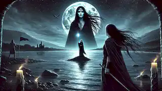 Brigid se encuentra junto al río Bann bajo la luz de la luna, mirando a la Morrighan con su lanza brillante reflejándose en el agua.