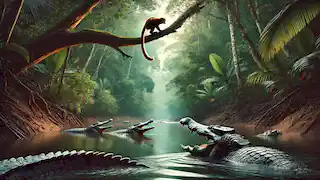 El Kancil salta desde una rama alta de un árbol, evitando a los hambrientos cocodrilos que están abajo en el río.