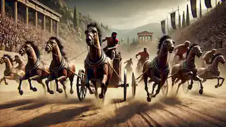 Los carros compitiendo en los primeros Juegos Olímpicos, con Pélops a la cabeza.