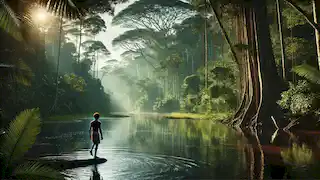 João se prepara para cruzar un río sereno en la Amazonía, mientras el Curupira lo observa desde las sombras de la selva.