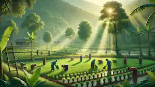 Los aldeanos trabajando juntos en un campo verde, plantando cultivos y cuidando la tierra después de que han regresado las lluvias.