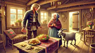 Hans muestra con orgullo a su madre los regalos mágicos en su acogedora cabaña, llena de calidez y luz.