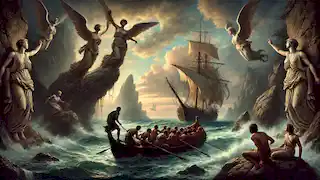 Odysseus, an den Mast seines Schiffs gebunden, widersteht dem Gesang der Sirenen, während seine Mannschaft mit mit Wachs versiegelten Ohren rudert.