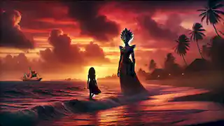 Adisa y Mami Wata están al borde del océano al atardecer, mirando hacia el horizonte mientras Adisa se prepara para dejar el pueblo.
