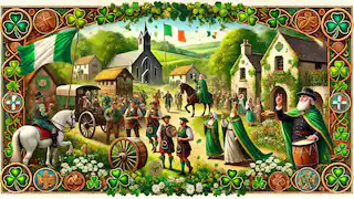 Los aldeanos, vestidos de verde, celebran el Día de San Patricio con festines y desfiles, en un entorno pintoresco de una exuberante aldea irlandesa.