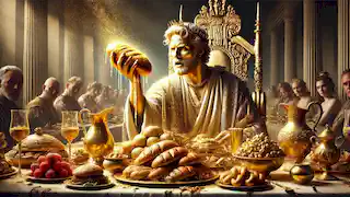 El rey Midas en un banquete, convirtiendo alimentos y bebidas en oro con su toque, dándose cuenta de la maldición de su don.