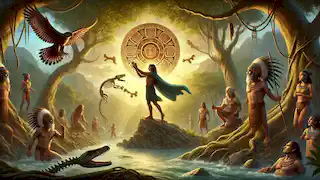 Quetzalcóatl sostiene huesos sagrados, simbolizando la creación de los primeros humanos en la mitología mexica.