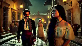 La Llorona, presenciando la infidelidad de su esposo en una calle iluminada por faroles en un pueblo mexicano del siglo XIX.