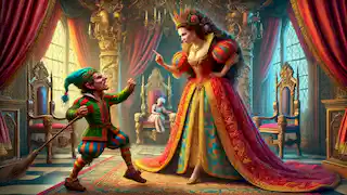 La reina confronta a Rumpelstiltskin, de pie con confianza mientras sostiene a su bebé, y él golpea el suelo con rabia al darse cuenta de que ella adivinó su nombre.