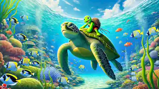 La gran tortuga le ofrece a Urashima Taro un paseo hasta el palacio submarino.