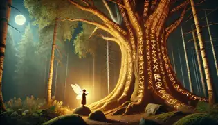 Aamu, el Hada del Abedul, se encuentra ante el Árbol Anciano, escuchando su sabiduría mientras la luz dorada del sol se filtra a través del bosque encantado.