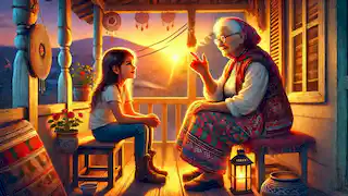 Maya y su abuela se sientan en el porche al atardecer, compartiendo historias familiares.