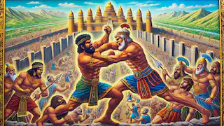 Una feroz batalla entre Gilgamesh y Enkidu en la ciudad de Uruk, donde ambos personajes se enfrentan con fuerza equivalente. La ciudad se muestra con sus imponentes murallas y los espectadores, atónitos, observan la escena. Los colores vívidos y las texturas realistas añaden un toque de dinamismo a este encuentro épico.