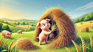 El primer cerdito construyendo su casa de paja.