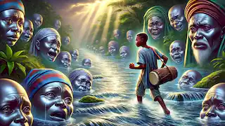 Olumide avanzando a través del resplandeciente Río de las Lágrimas, rodeado de espíritus afligidos.