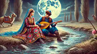 Aiman y Kairat se sientan junto a un río iluminado por la luna, compartiendo historias, rodeados de una exuberante estepa y suaves reflejos en el agua.