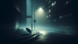 Esquina de calle vacía con niebla ondulante y un paraguas abandonado.